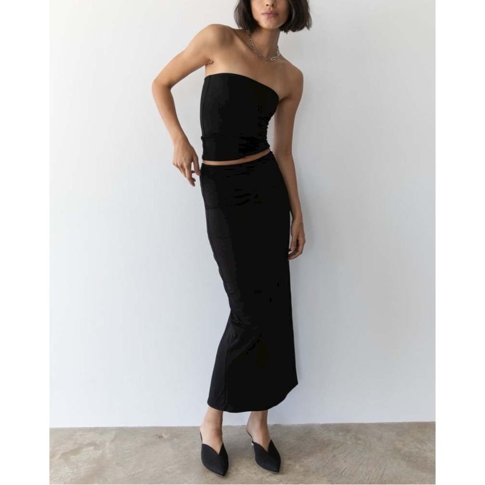 TROIS Kendall Skirt - Black Jersey Knit High Back Slit Midi Skirt sz S - Picture 9 of 12